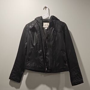 Black Hooded Fuax Leather Jacket